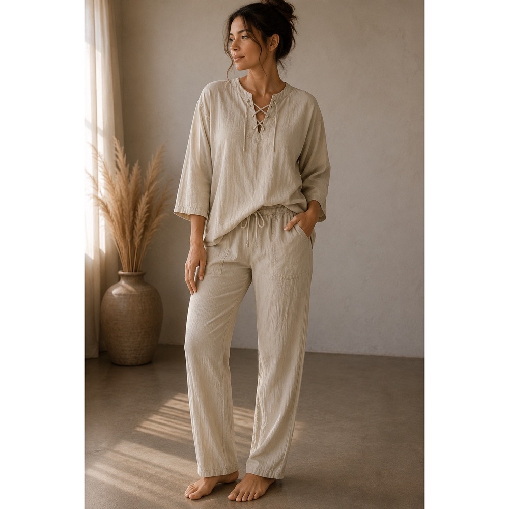 Cottonseed Casual Wear Beige Cotton Lace Up Top & Pants Set Large Made in USA